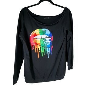MagicMK Women's Shirts Rainbow Mouth Lips Off the Shoulder Small Black Pride